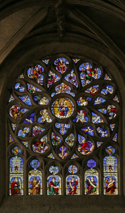 Ventana que representa el Árbol de Jesé, rosetón de French School